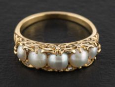 A five mabe pearl ring with rose-cut diamond spacers,: the pearls of varying hue from white to grey,