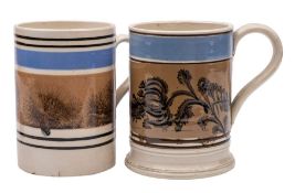 Two 19th century mochaware mugs: one with floral spray mocha decoration,