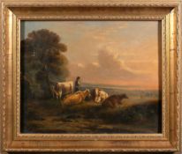 Follower of T S Cooper [19th century]- cattle and figures in a landscape, oil on canvas, 41 x 51cm.