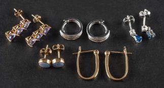 Five pairs of gemset earrings,: including a pair of 9ct gold,