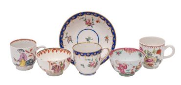A Lowestoft polychrome coffee cup, two similar teabowls,