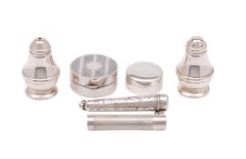 A mixed collection of silverwares, various makers and dates: includes cheroot holder and case,