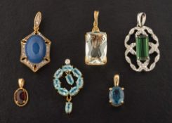 Six vari-coloured gemset pendants,: including a 9ct gold aquamarine and peridot pendant,