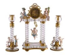 A Continental glass and porcelain Victorian mantel clock: the eight-day duration movement having a