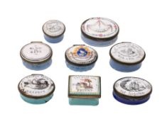 A group of eight late 18th/early 19th century enamel patch boxes: the decorated covers variously
