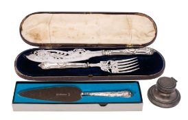 A silver handled fish serving knife and fork: with plated blade and tines,
