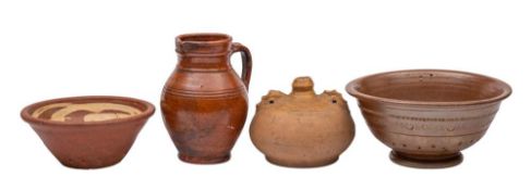 A mixed lot of country pottery: including a 19th century Verwood Pottery owl cider jug with two