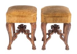 A pair of Italian walnut and upholstered stools, last quarter 19th century,