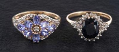 Two gemset rings,: including a 9ct gold, sapphire and diamond cluster ring, hallmarks for London,