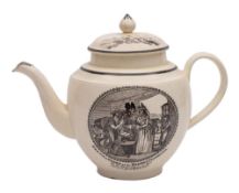 A Staffordshire creamware punch pot and cover with black transfer prints by Thos.