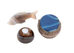 A silver and polished banded agate oval snuff box, unmarked: a tigers eye agate,