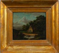 English School early 19th Century- Landscape with cow watering and cottage beyond oil on copper,