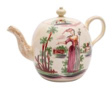 A Wedgwood creamware globular teapot and cover: with scroll handle and foliate moulded spout,