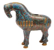 A Chinese cloisonne figure of a standing horse: decorated with mythical beasts and masks,