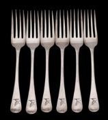 A set of six George IV silver dessert forks, maker John Meek, London, 1826: crested, 181gms, 5.