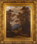 Walter Seehusen [Australian, 1842-1907]- Woodsman resting by a campfire in a clearing,