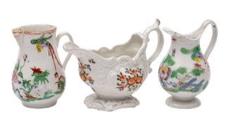 A Plymouth polychrome 'rococo' creamboat and two Bristol cream jugs: the creamboat painted in
