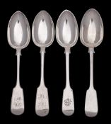 A pair of Victorian provincial silver Fiddle pattern dessert spoons, maker John Stone, Exeter,