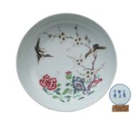 A Chinese famille rose saucer dish: painted in 'boneless' style with two magpies,
