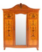 A fine Edwardian satinwood and painted wardrobe in Sheraton taste, early 20th century,