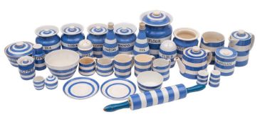 An extensive group of T & G Green Cornishware: including captioned and plain storage jars of