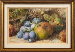 William Henry Hunt [1790-1864]- Apples and grapes on a mossy bank,:- signed W.
