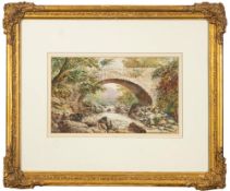 British School 19th Century- Stone bridge over an upland river pool,:- watercolour, 20.5 x 34cm.