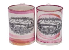 A Sunderland pink lustre frog mug and one similar: both printed with 'A West View of the Cast Iron