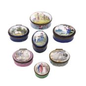 A group of seven late 18th/early 19th century enamel patch boxes: the covers with figural and