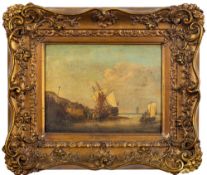 Follower of Thomas Luny [19th Century]- Fisherfolk on a beach,:- oil on canvas, 23 x 31cm.