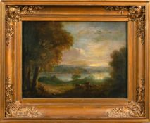 English School 19th Century Cattle grazing on a riverbank, oil on canvas, 24 x 33cm.