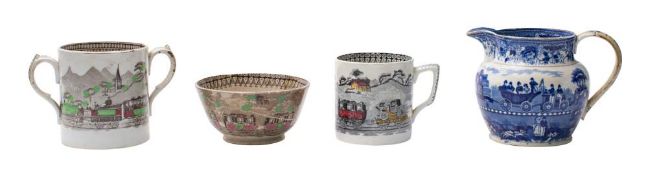 Of Railway Interest: comprising a 19th century Staffordshire blue and white transfer printed jug