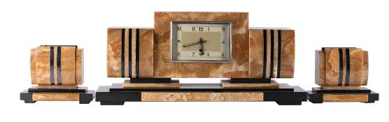 An Art Deco marble clock garniture: having an eight-day duration timepiece movement,