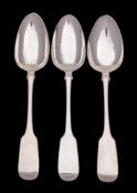 Three Victorian provincial silver Fiddle pattern tablespoons, maker John Stone, Exeter,