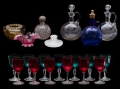A mixed quantity of glassware: comprising two clear and one blue claret flask of flattened oviform,