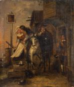 English school late 19th Century- Amorous traveller on horseback outside a tavern,;- oil on panel,