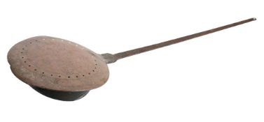 A late 18th century steel and brass warming pan: the circular hinged lid incised 