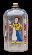 A Central European glass flask: of rounded rectangular form with pewter mounted neck,