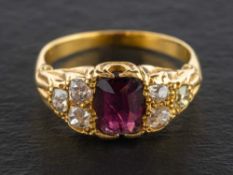 A Victorian garnet and old-cut diamond cluster ring,: estimated garnet weight ca. 1.