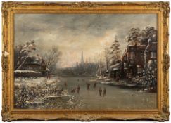 Dutch School early 20th Century- Winter skating scene,:- oil on canvas, 60 x 90cm.