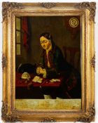 A George III reverse painted mezzotint: `The Spendthrift', 35 x 26cm.