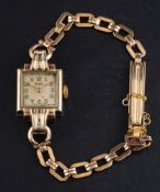 A 9ct gold 'Star' Bentima wristwatch,: the square enamel dial with Arabic numerals and baton hands,