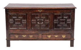 An oak mule chest, early 18th century and later adapted,