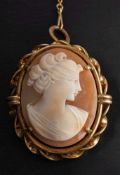 A shell cameo pendant/ brooch,: length ca. 3.8cms, total weight ca. 9.1gms.