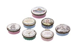 A group of seven late 18th/early 19th century enamel patch boxes: the lids decorated with 'A Lime