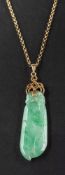 A carved melon jadeite pendant,: the bale stamped '585', length (inc bale) ca.