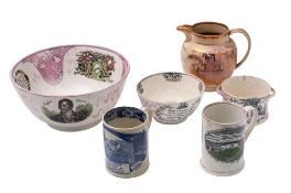 A group of six pieces of 19th century Sunderland pink lustre and other pottery: comprising a large