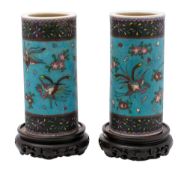 A pair of Japanese Totai-Shippo cloisonne on pottery sleeve vases: decorated with ho ho birds and