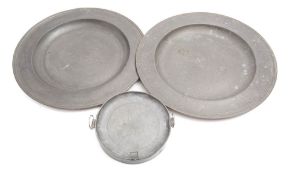 Two pewter chargers: 42.