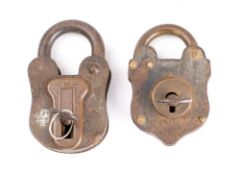 An early 20th century brass and iron 4 lever padlock and key: together with one other iron and